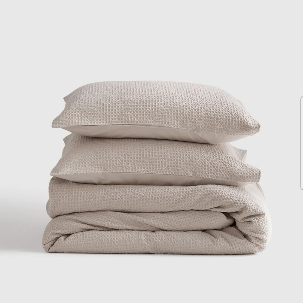 NWT! Quince 100% Organic Cotton Waffle Sand Duvet & 2 Shams! King/ Cal King(561)